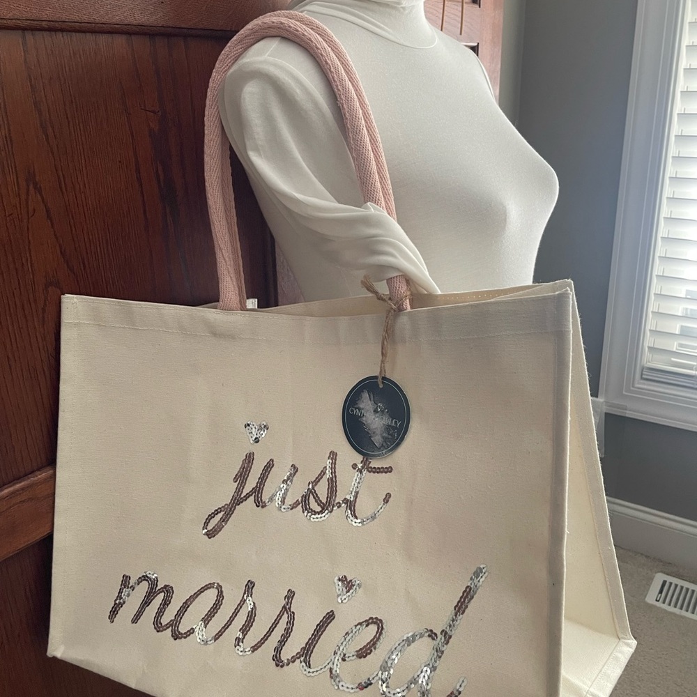 Just married Cream and Silver Large canvas Tote Bag with Minimalist Design